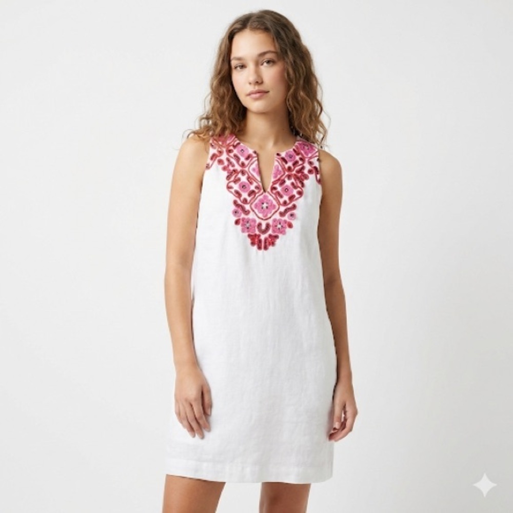 J.Crew Women’s Linen Shift Dress Embroidered Button Back Size S
